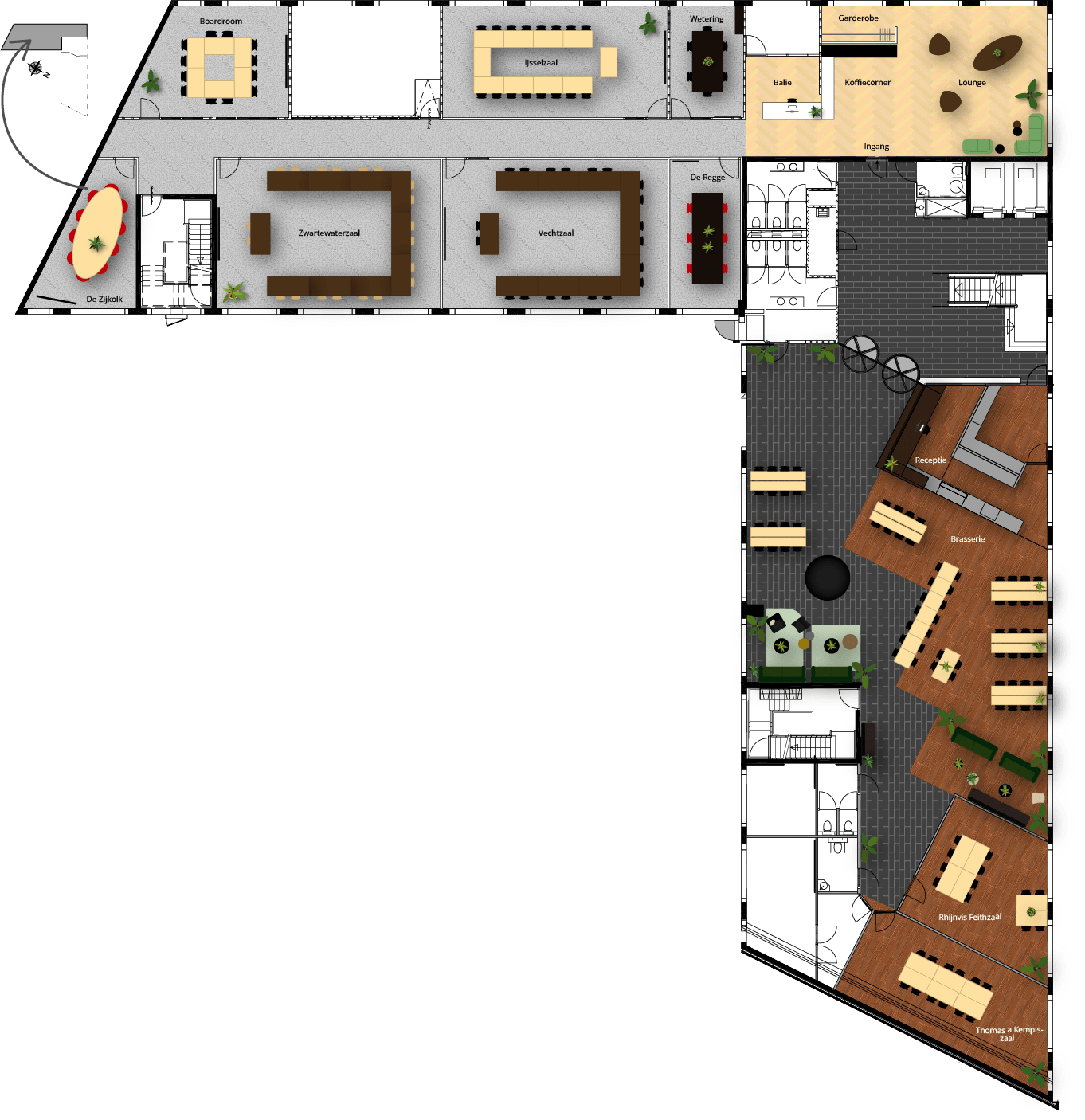 Plattegrond van een modern vergadercentrum met verschillende ruimtes waaronder een boardroom, IJsselzaal, Vechtzaal, De Regie, lounge, koffiecorner, receptie en brasserie. De ruimtes zijn functioneel ingedeeld met sanitaire voorzieningen en garderobe.